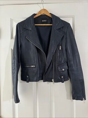Doma Navy Leather Moto Jacket with Silver Hardware.